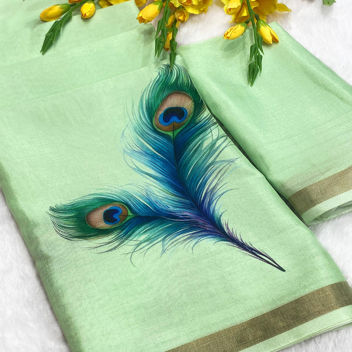 Charming Mint Green Soft Tussar Cotton Silk Saree With Peacock Feathers Print