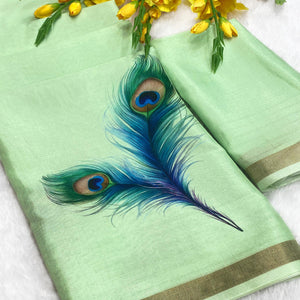 Charming Mint Green Soft Tussar Cotton Silk Saree With Peacock Feathers Print