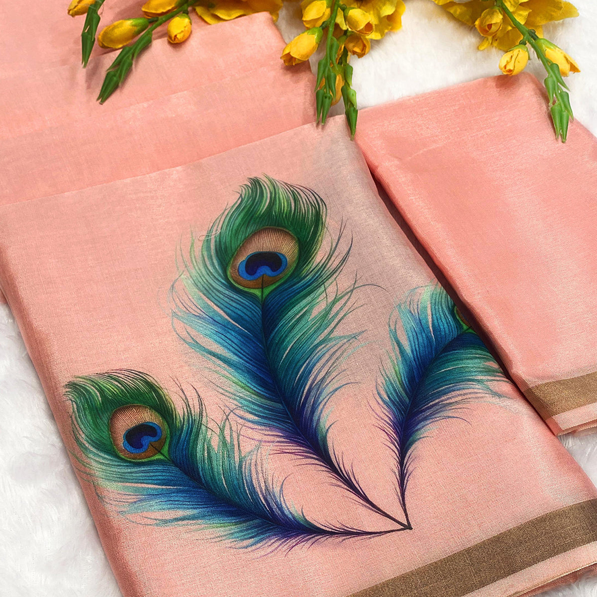 Charming Peach Soft Tussar Cotton Silk Saree With Peacock Feathers Print