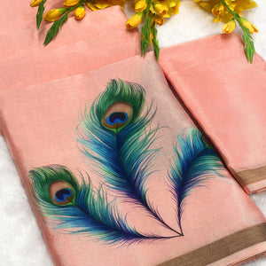 Charming Peach Soft Tussar Cotton Silk Saree With Peacock Feathers Print