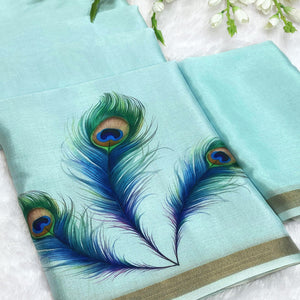 Charming Blue Soft Tussar Cotton Silk Saree With Peacock Feathers Print