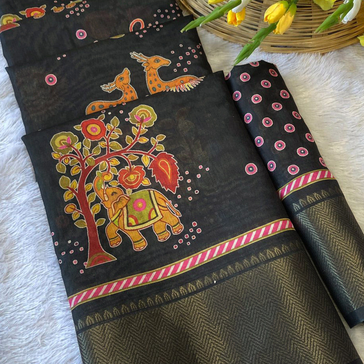 Black Traditional Printed Dola Silk Saree Accented with Rich Zari Weaving