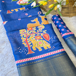 Blue Traditional Printed Dola Silk Saree Accented with Rich Zari Weaving