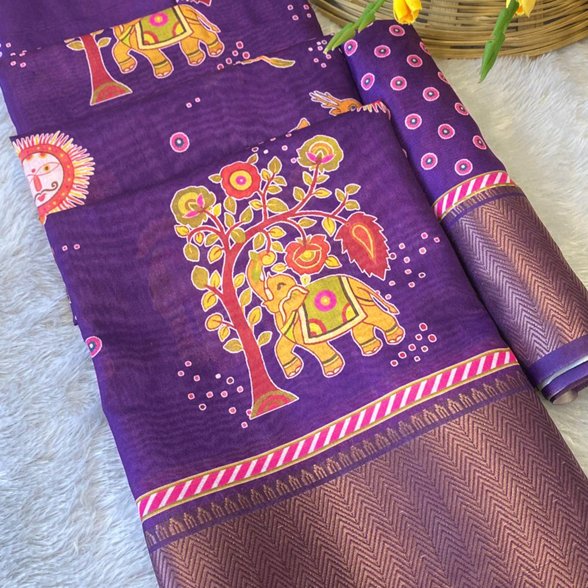 Purple Traditional Printed Dola Silk Saree Accented with Rich Zari Weaving