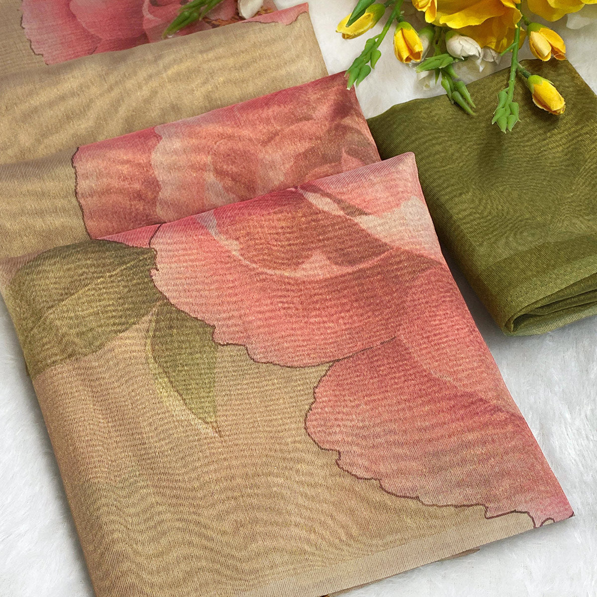 Sophisticated Golden Floral Digital Print Tissue Saree Enhanced With Handmade Tassels