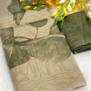 Sophisticated Light Pista Green Floral Digital Print Tissue Saree Enhanced With Handmade Tassels