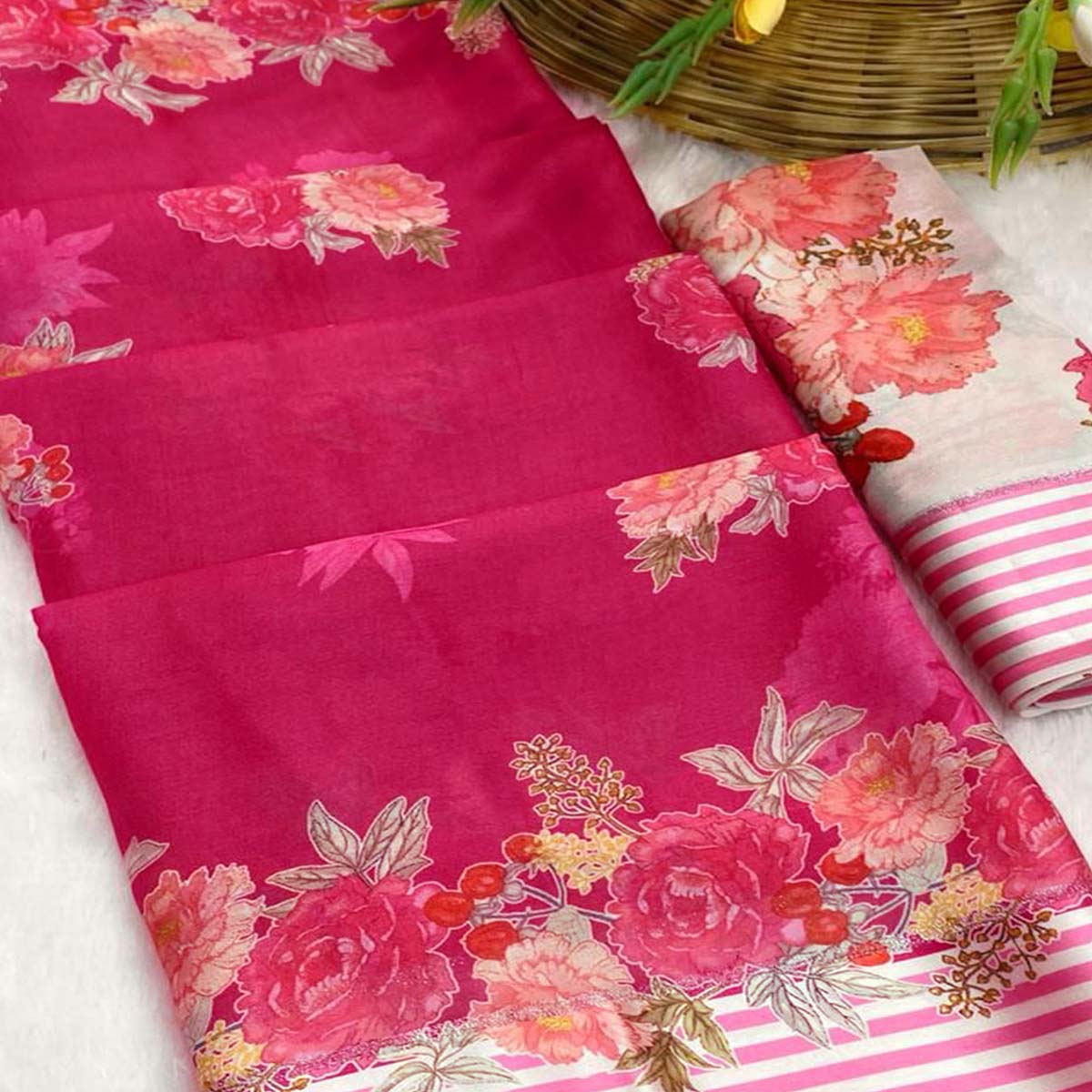 Vibrant Rani Pink Georgette Saree Adorned with Floral Digital Print & Satin Border