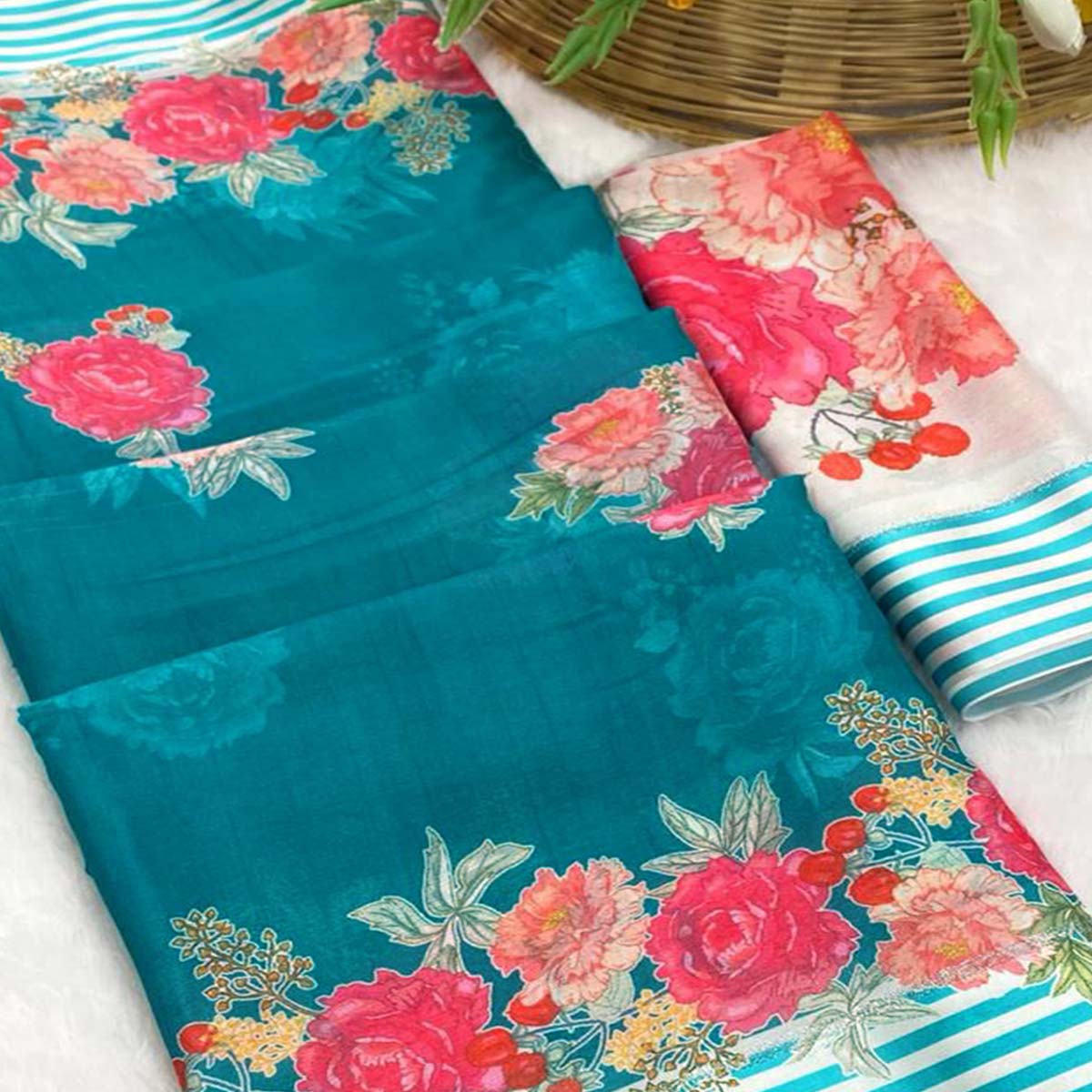 Vibrant Teal Georgette Saree Adorned with Floral Digital Print & Satin Border