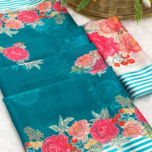 Vibrant Teal Georgette Saree Adorned with Floral Digital Print & Satin Border
