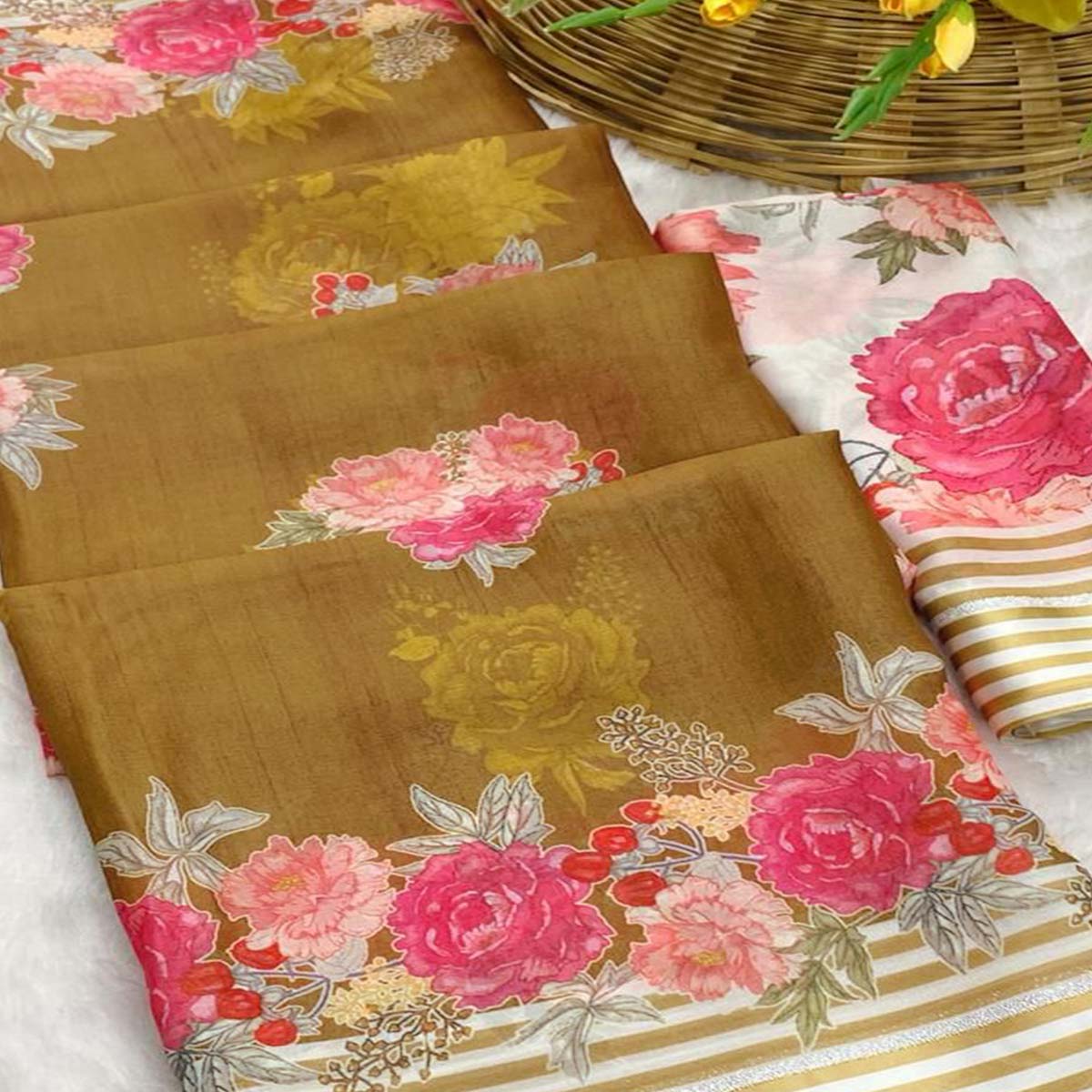 Vibrant Dark Mustard Georgette Saree Adorned with Floral Digital Print & Satin Border