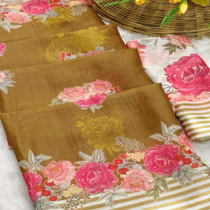 Vibrant Dark Mustard Georgette Saree Adorned with Floral Digital Print & Satin Border