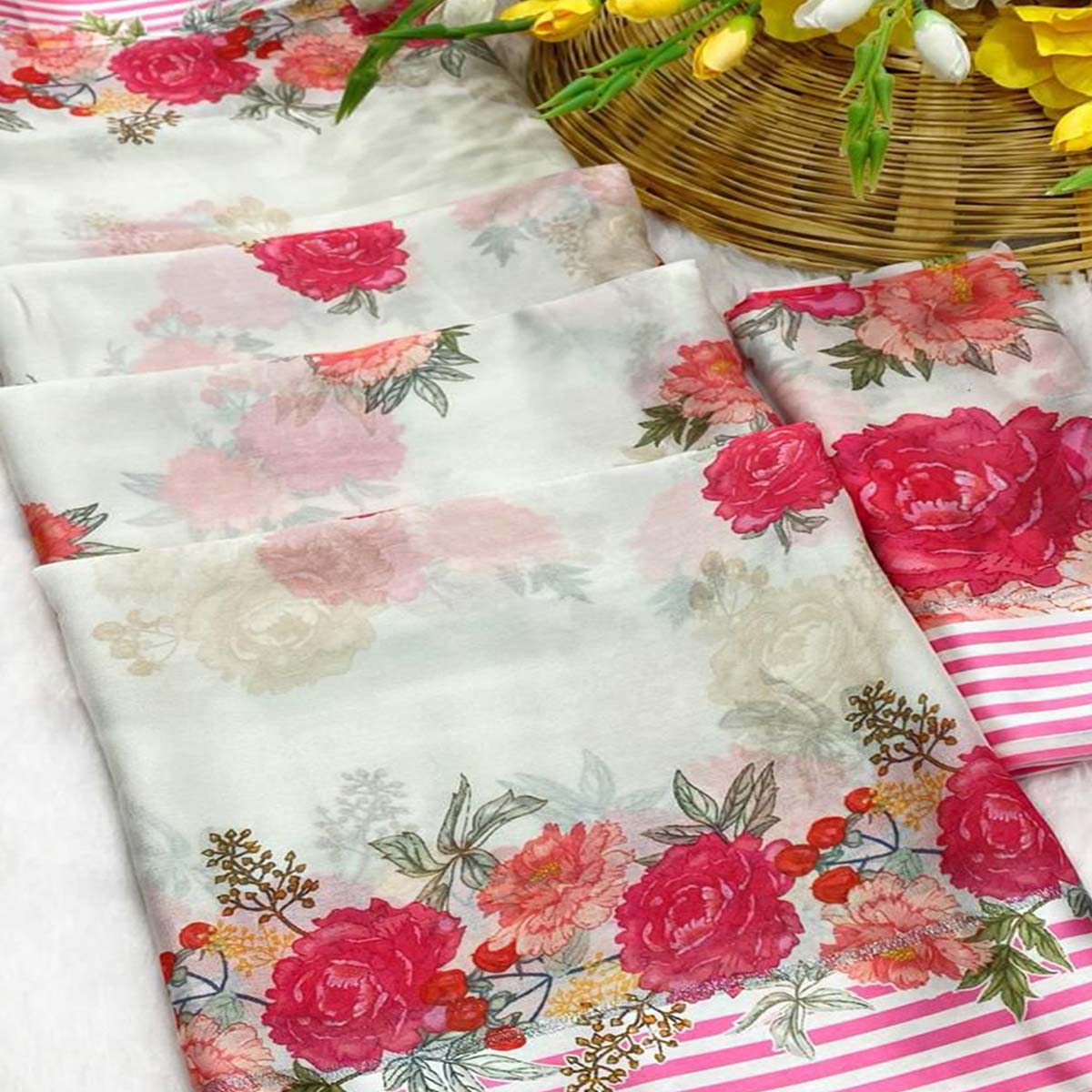 Vibrant White Georgette Saree Adorned with Floral Digital Print & Satin Border