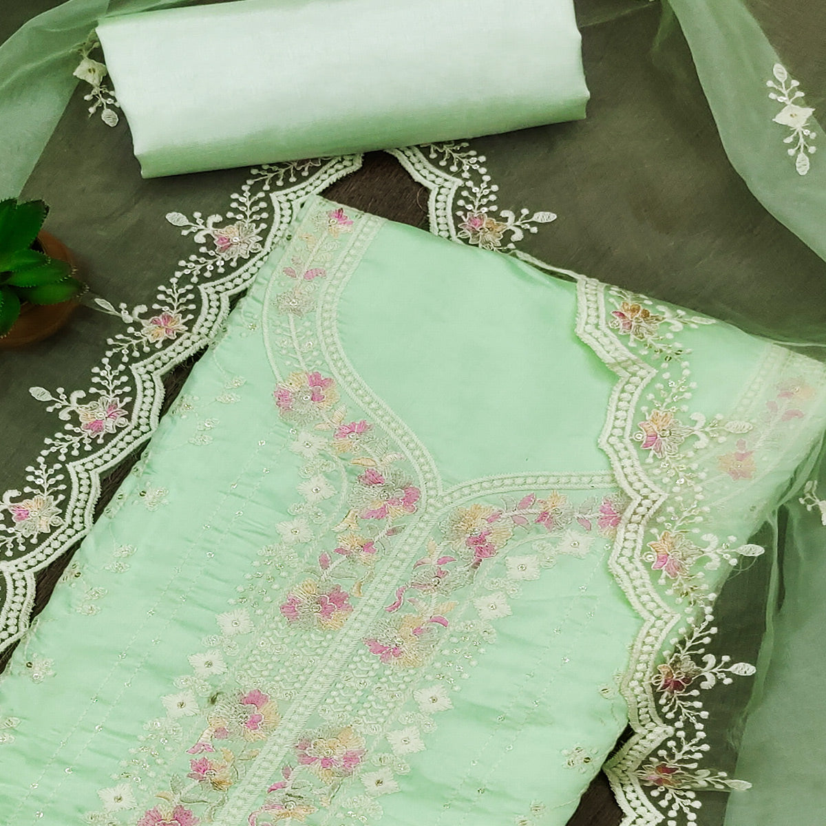 Green Embroidered Pure Cotton Dress Material