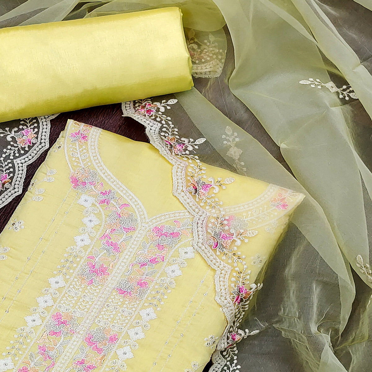 Yellow Embroidered Pure Cotton Dress Material