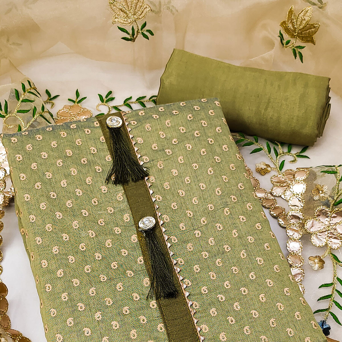 Green Printed Chanderi Dress Material