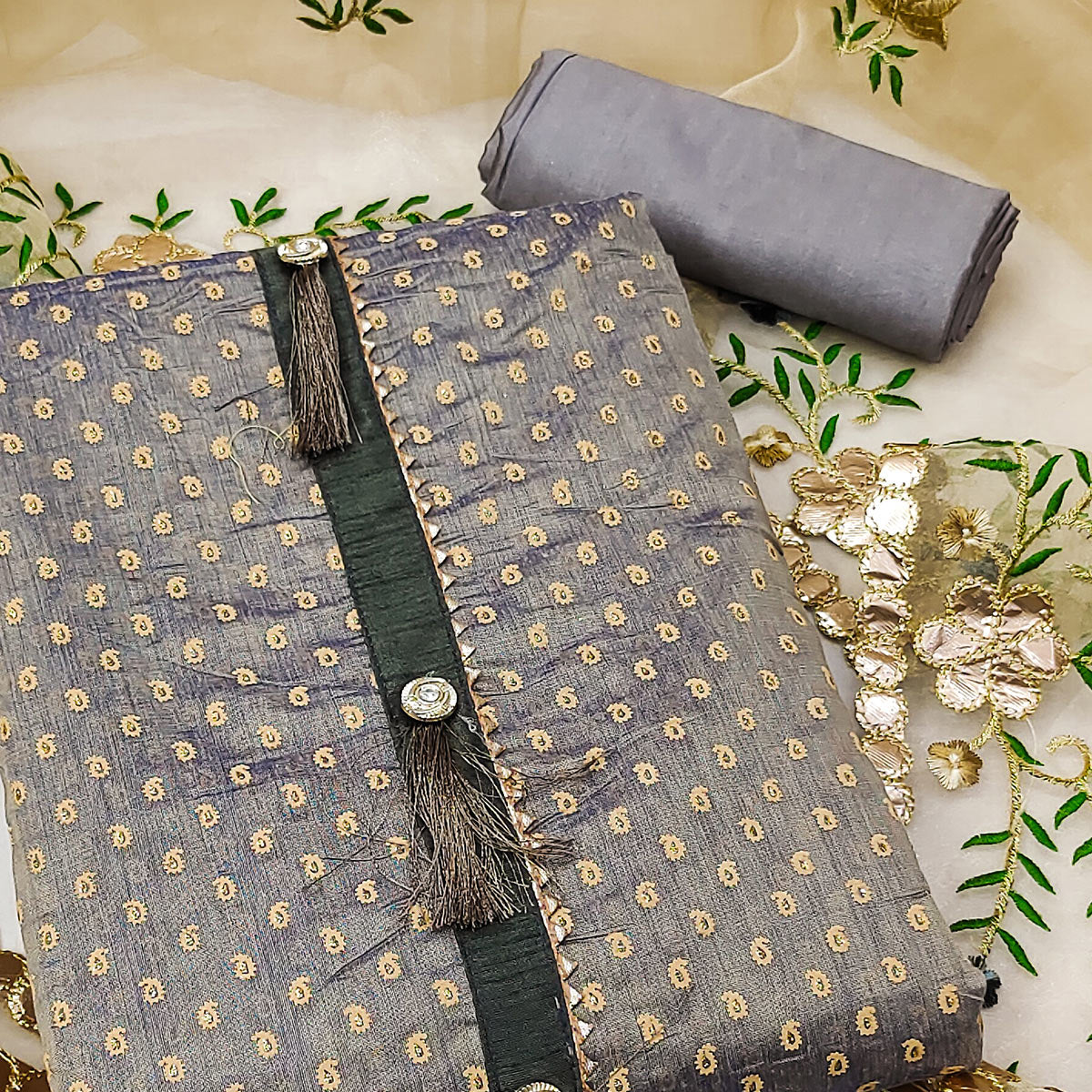 Grey Printed Chanderi Dress Material