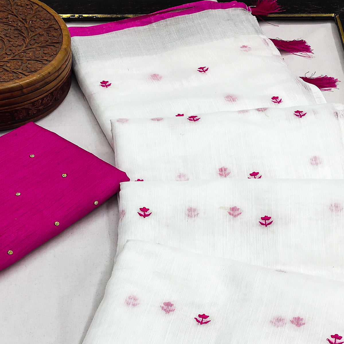 White & Pink Floral Embroidered Linen Saree