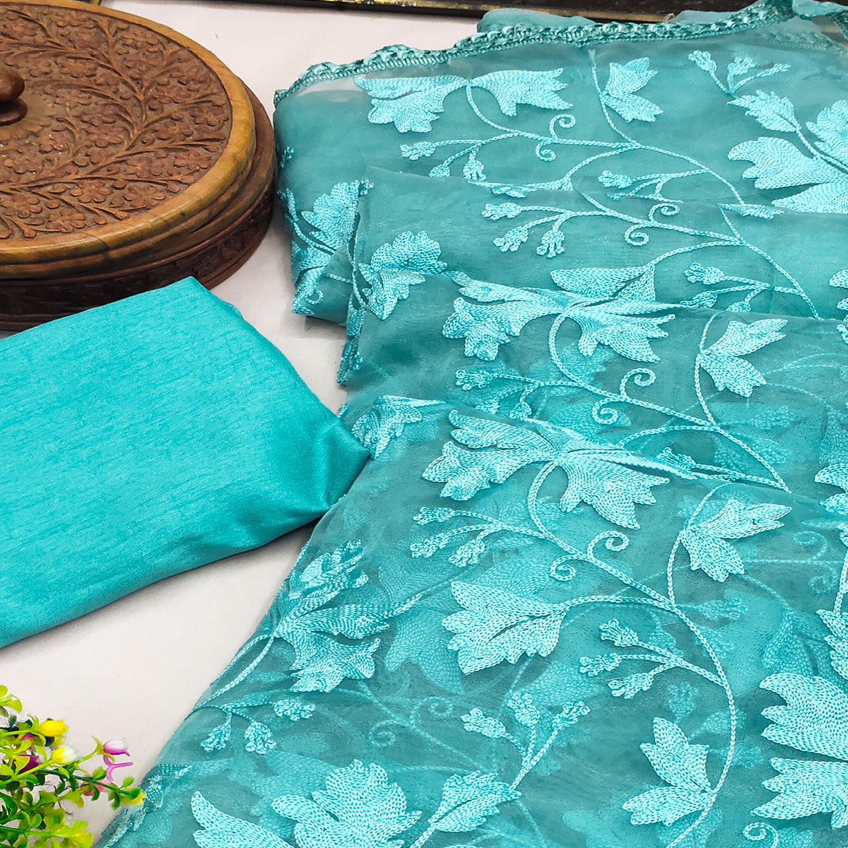 Turquoise Floral Embroidered Organza Saree