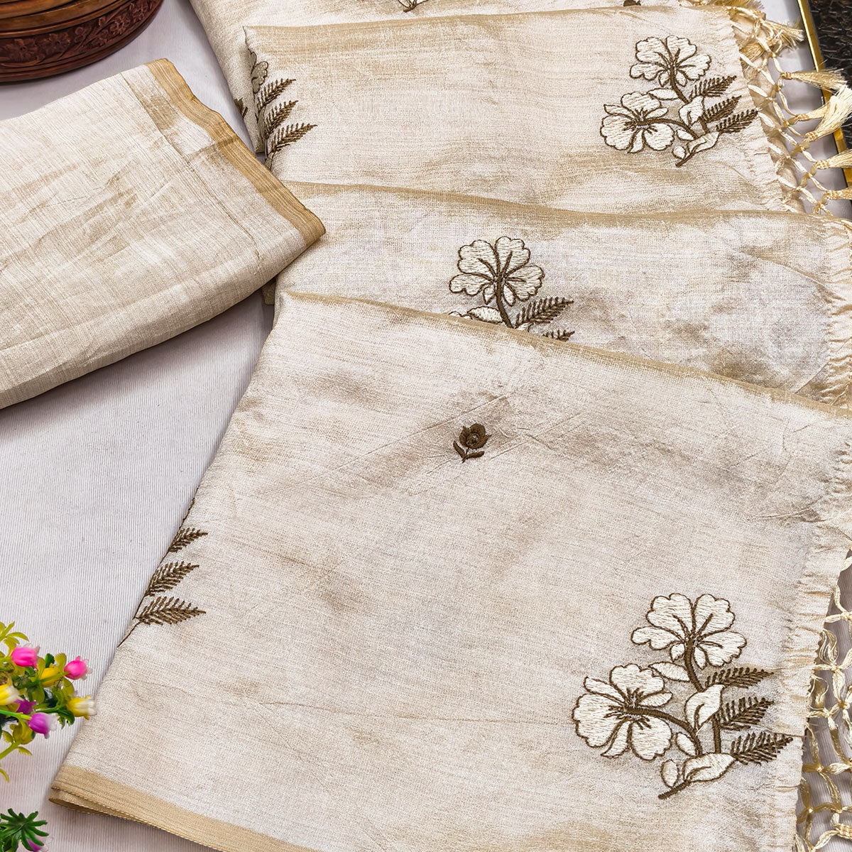 Festive Cream Saree with Exquisite Floral Embroidery Crafted in Art Silk