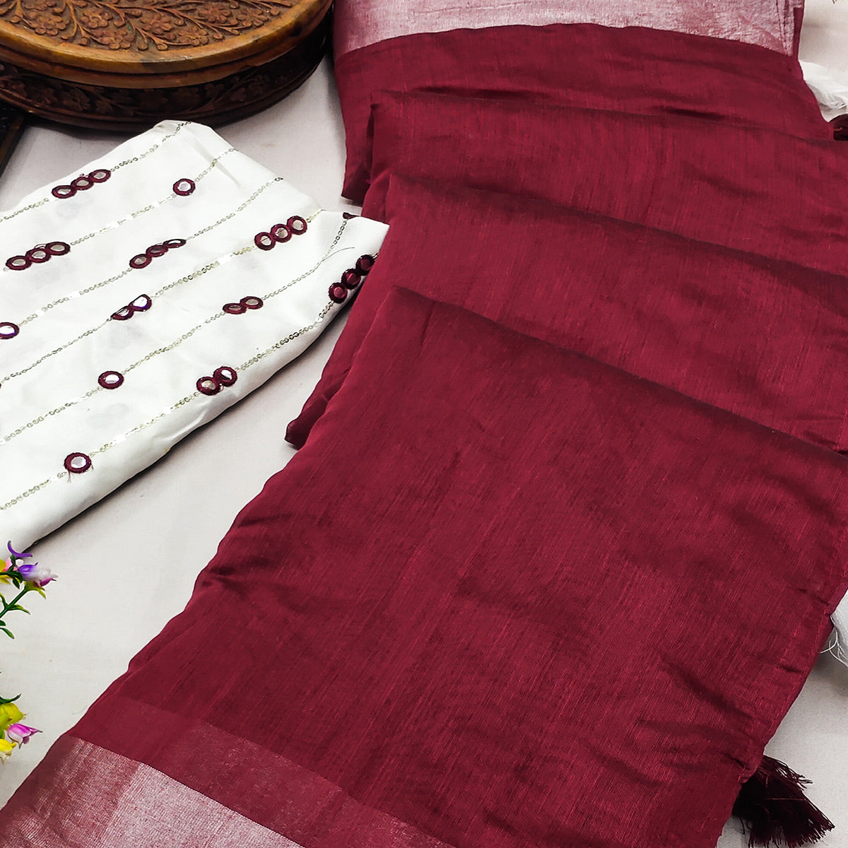 Maroon Solid Chanderi Saree With Tassels