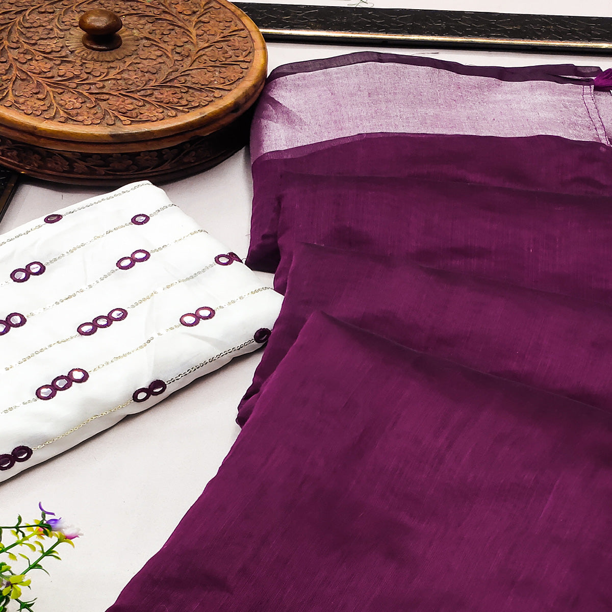 Wine Solid Chanderi Saree With Tassels