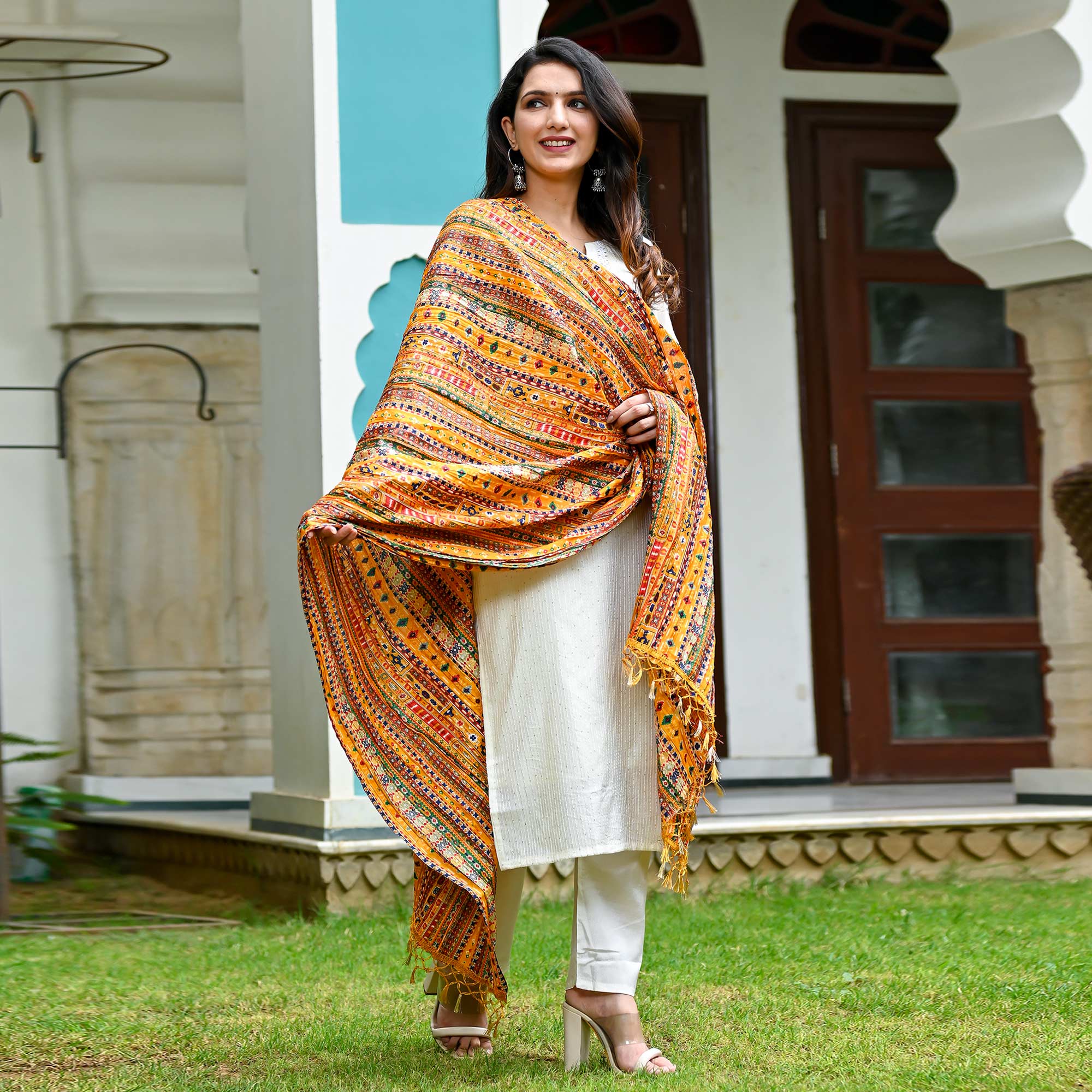 Off white Sequins Embroidered Chanderi Dress Material