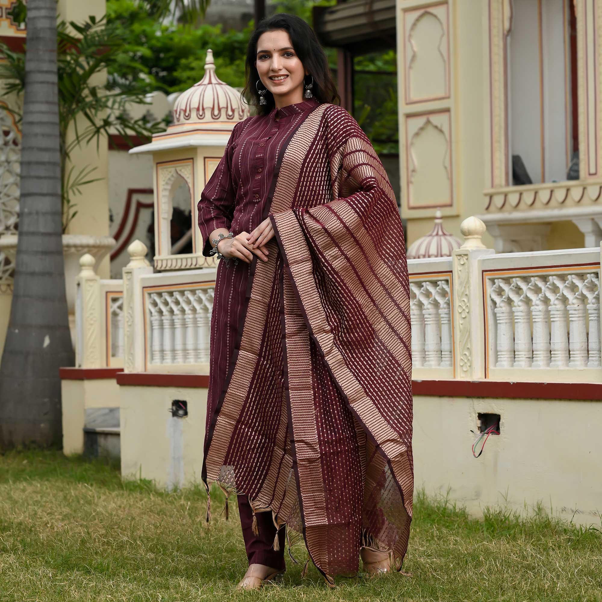 Wine Woven Cotton Blend Salwar Suit