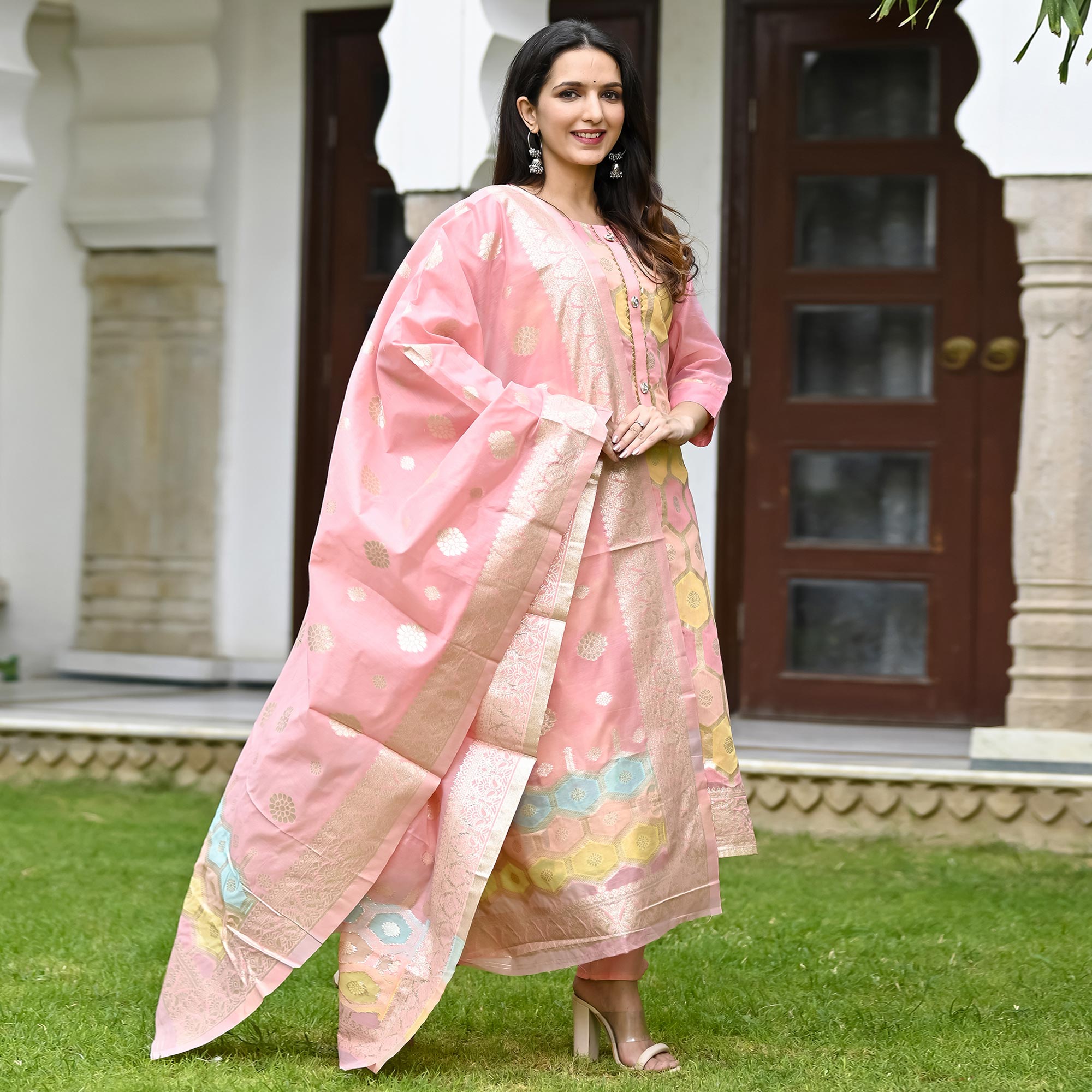 Pink Woven Banarasi Silk Salwar Suit