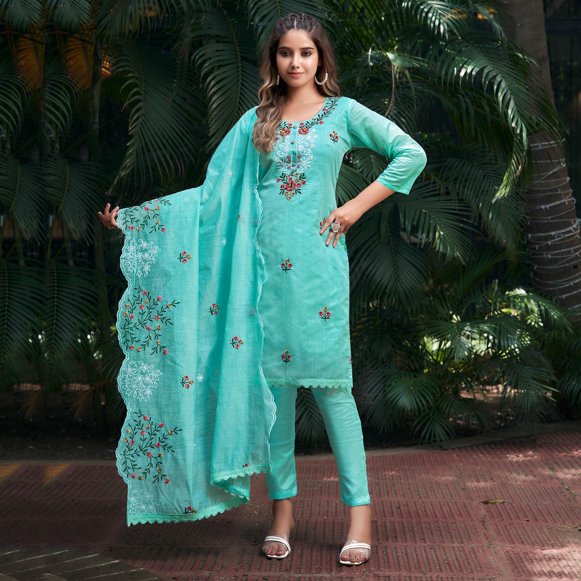 Sea Green Floral Embroidered Chanderi Salwar Suit