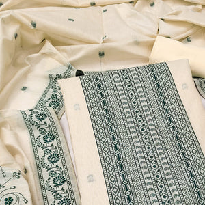 Cream & Green Floral Woven Pure Cotton Dress Material