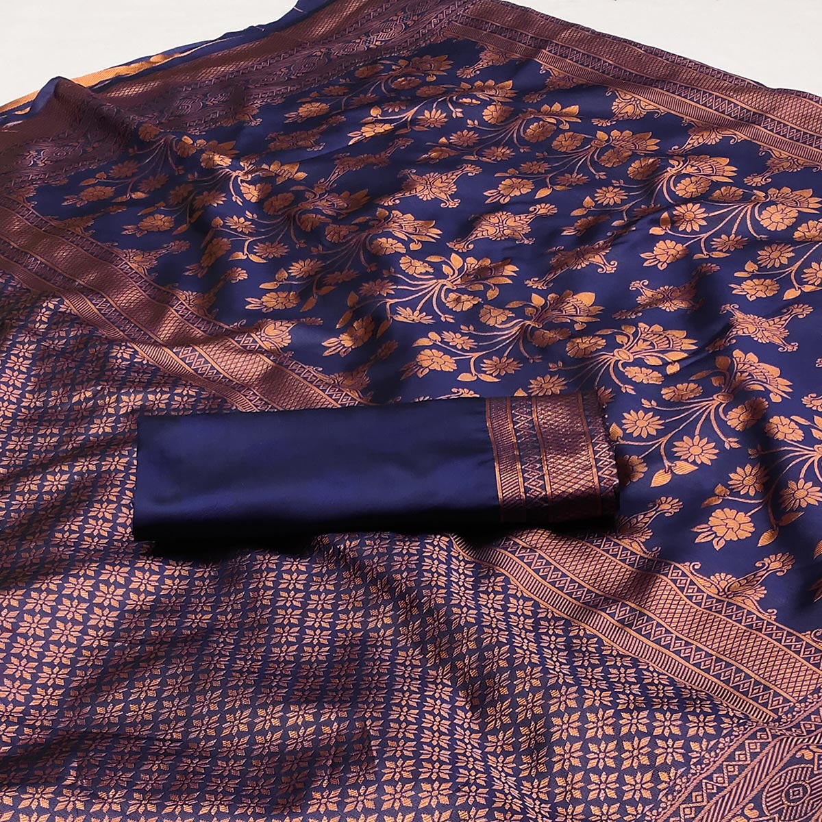 Navy Blue Floral Woven Banarasi Silk Saree