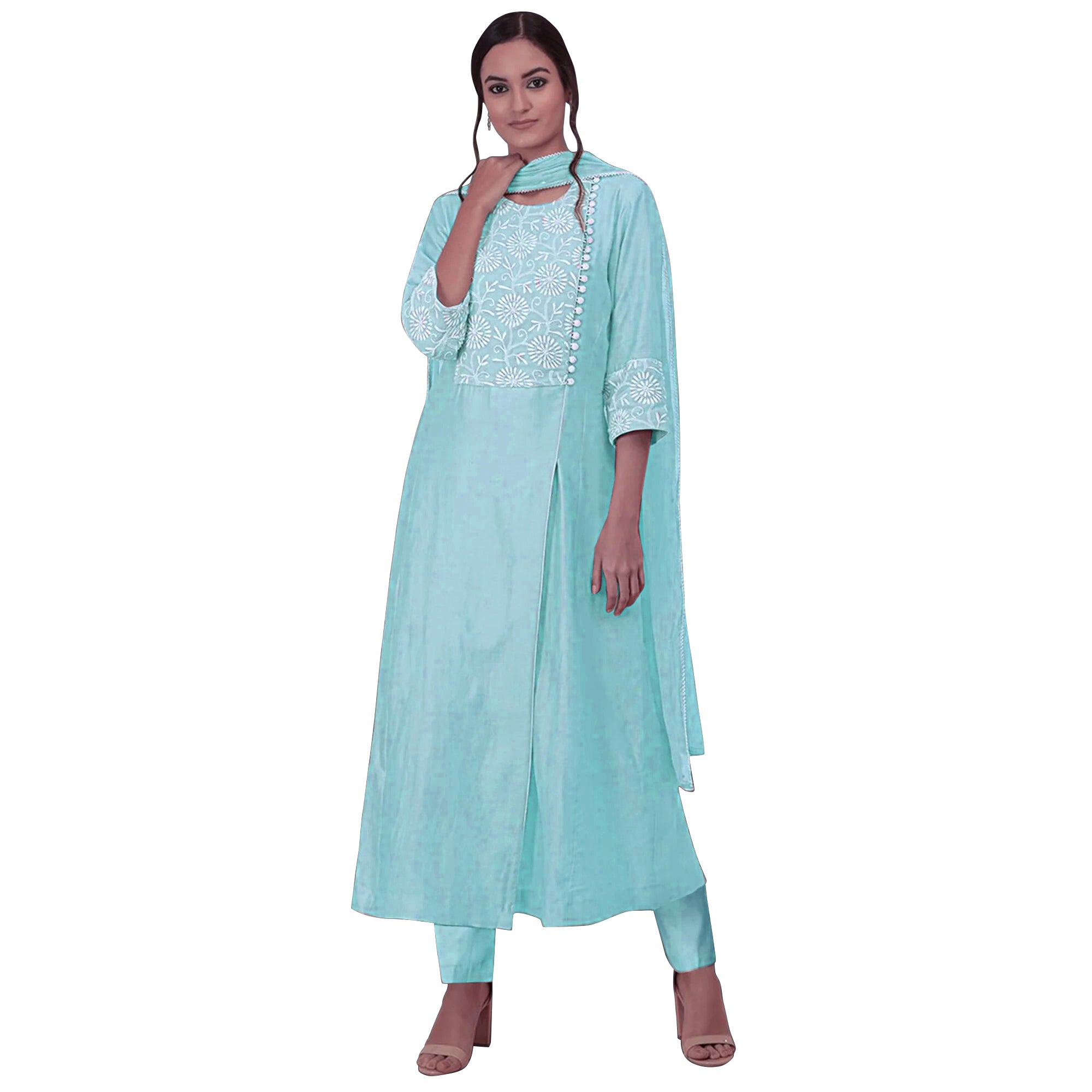 Sea Blue Floral Embroidered Viscose Suit