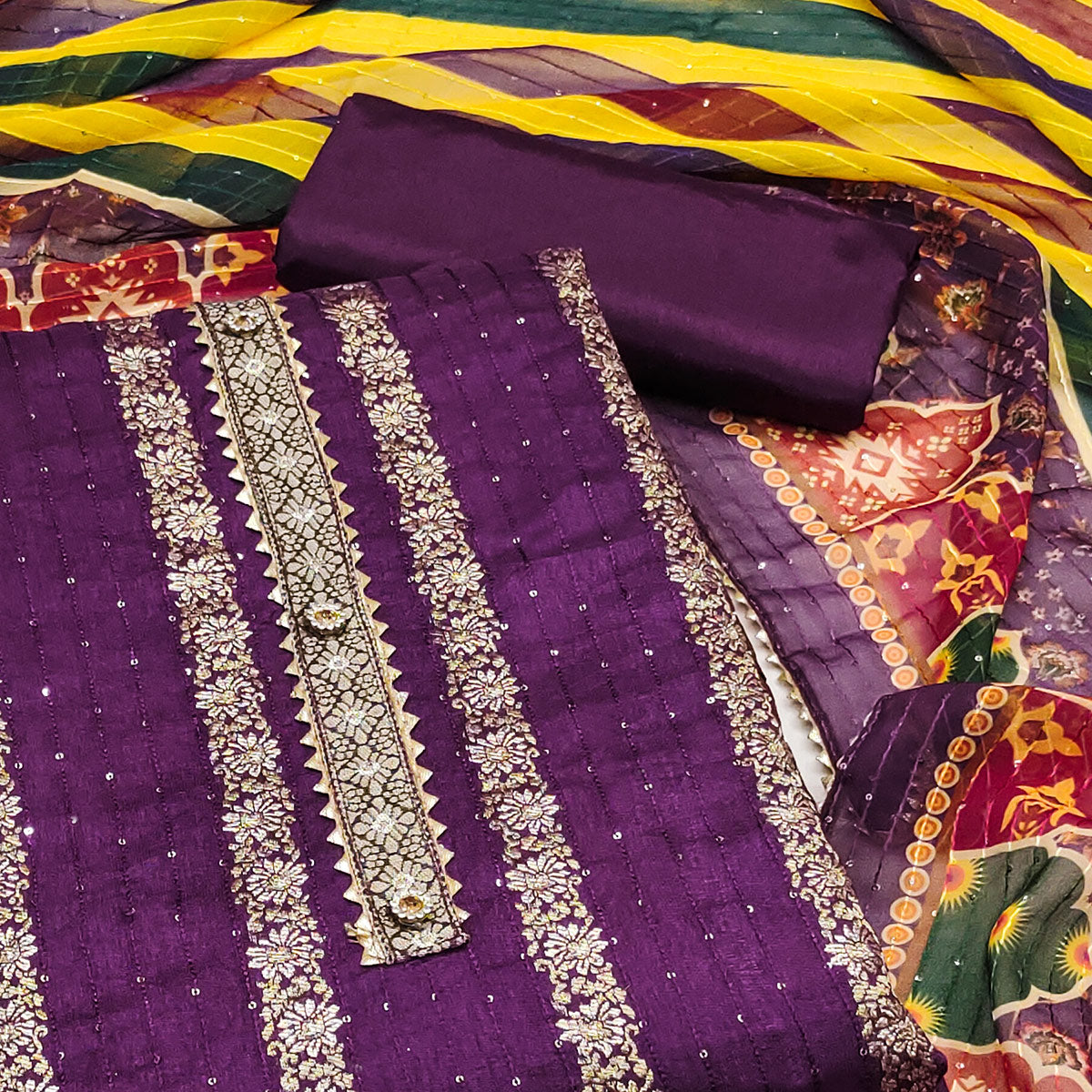 Dark Purple Woven Banarasi Silk Dress Material