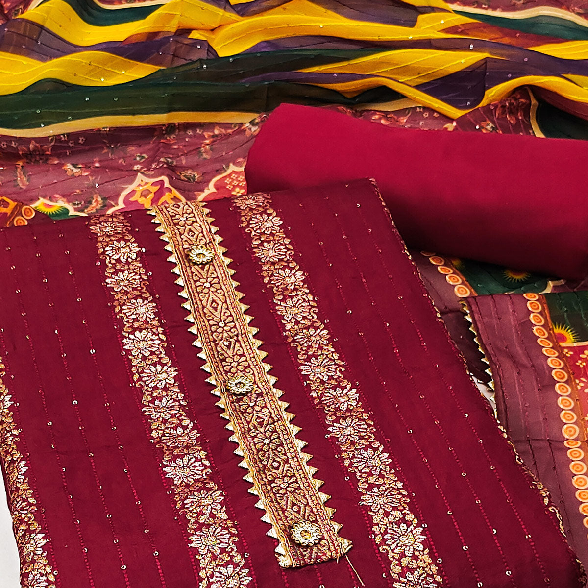 Maroon Woven Banarasi Silk Dress Material