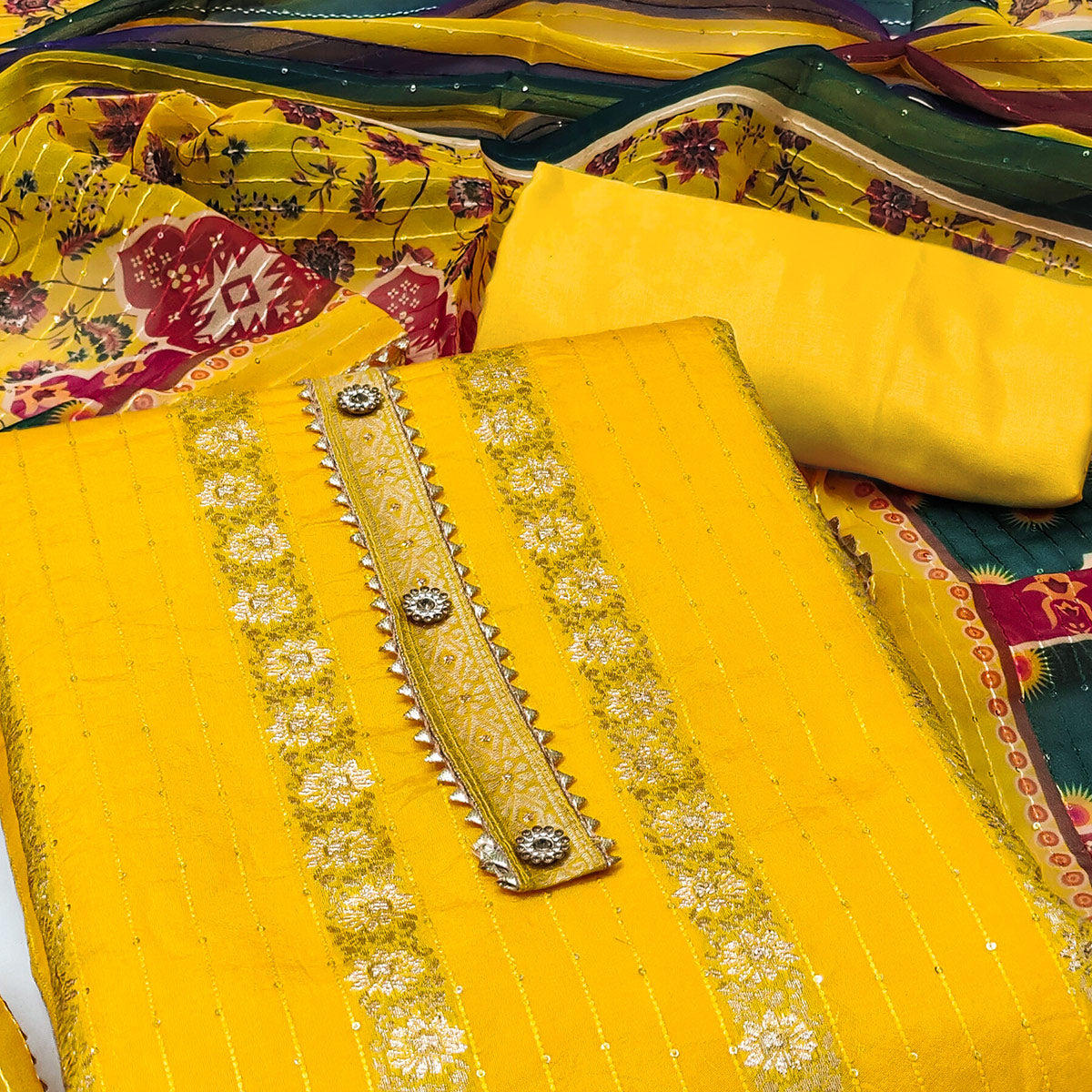 Yellow Woven Banarasi Silk Dress Material