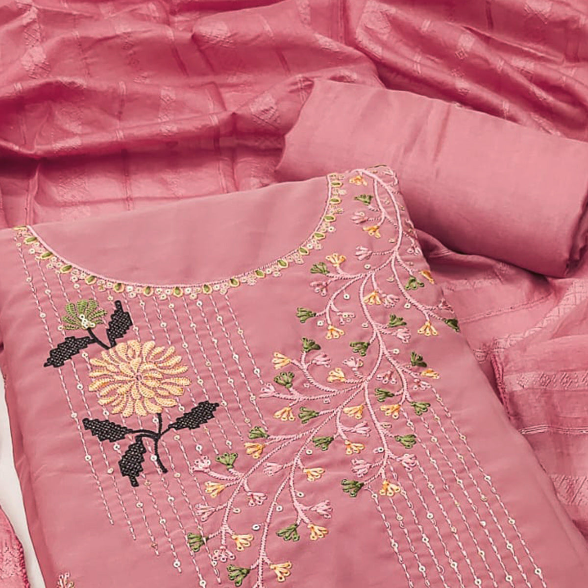 Pink Floral Embroidered Georgette Dress Material