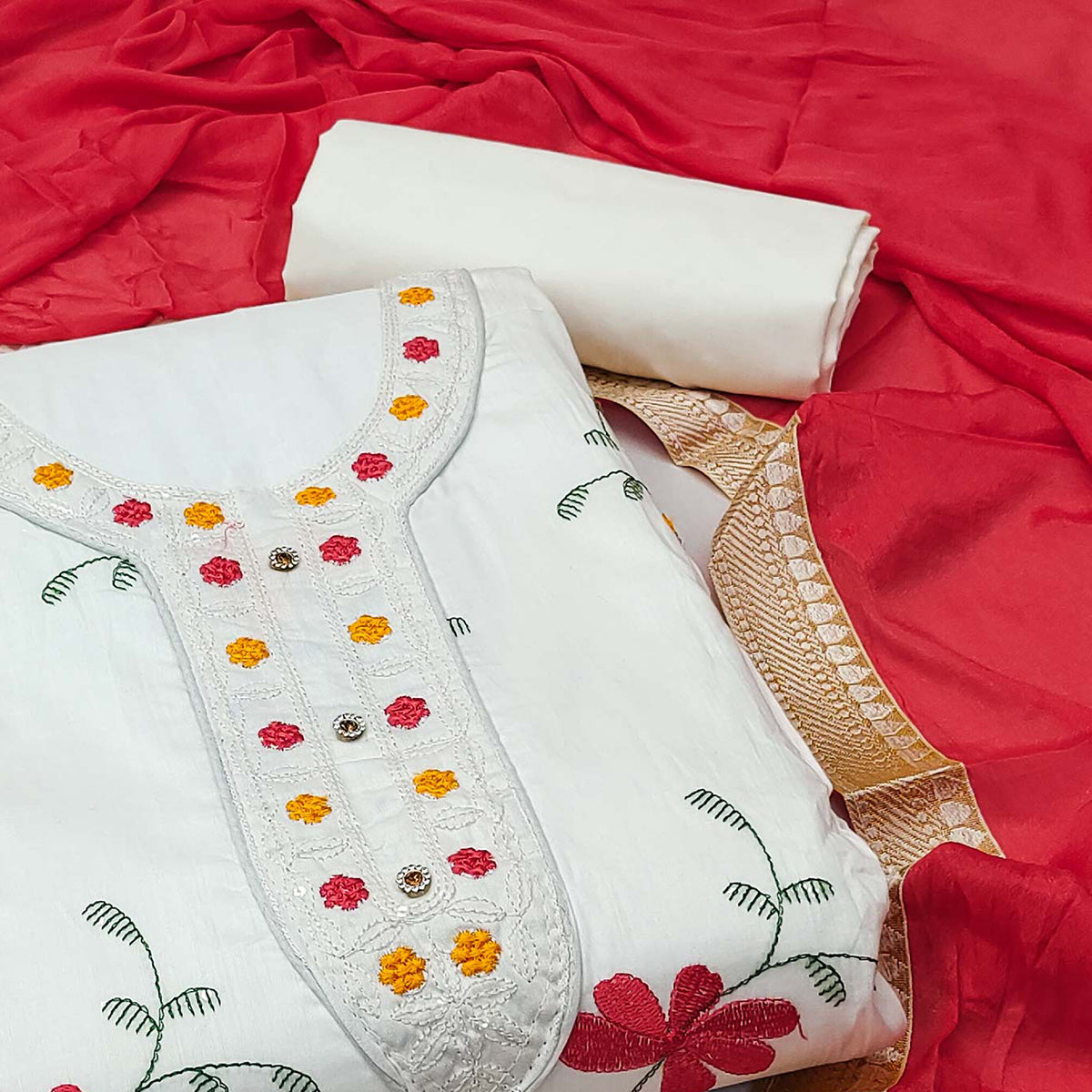 White & Red Floral Embroidered Pure Cotton Dress Material