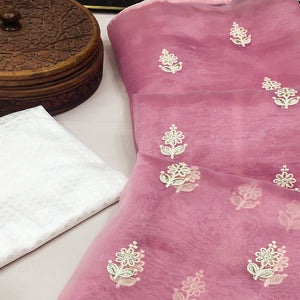 Pink Floral Embroidered Organza Saree