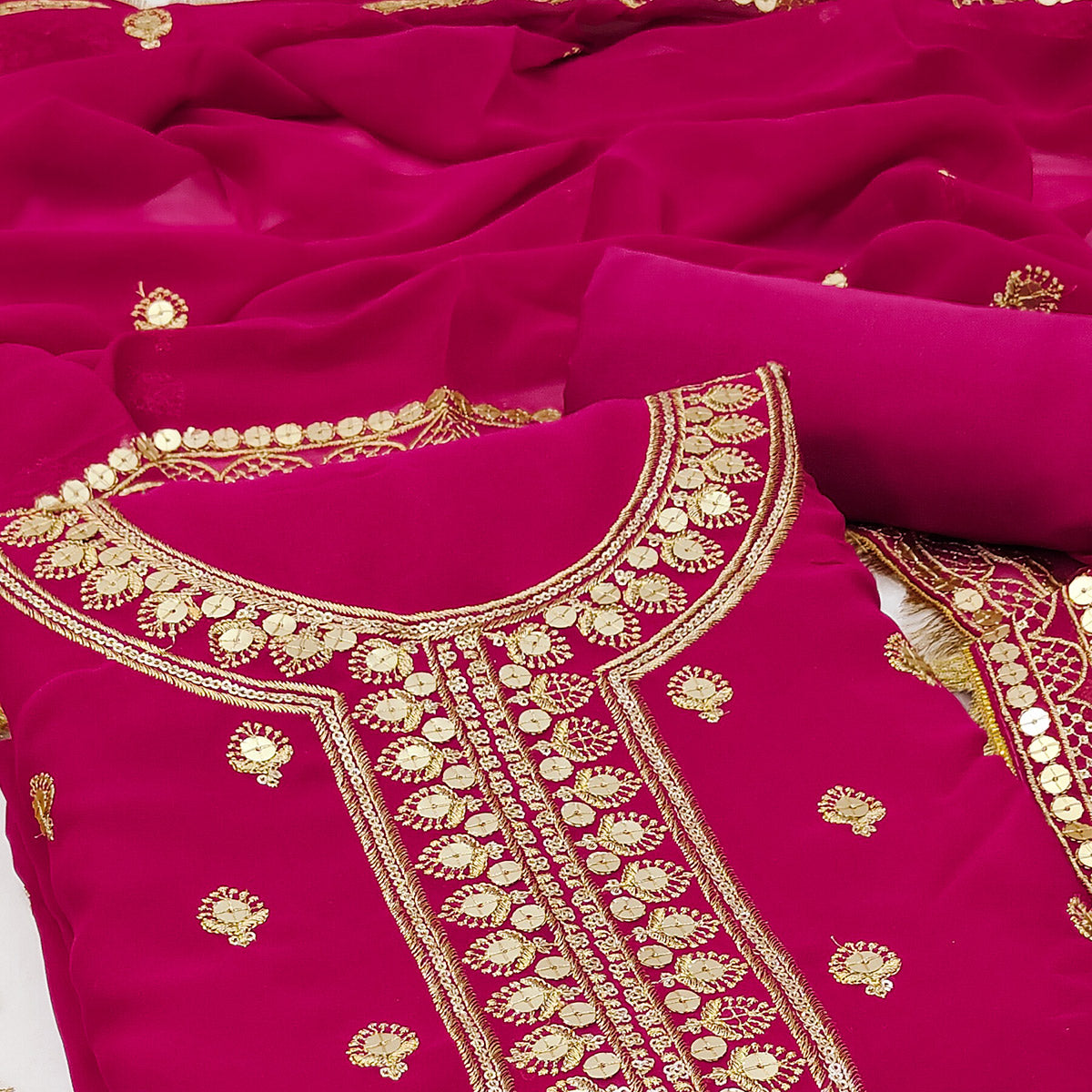 Magenta Pink Embroidered Georgette Dress Material