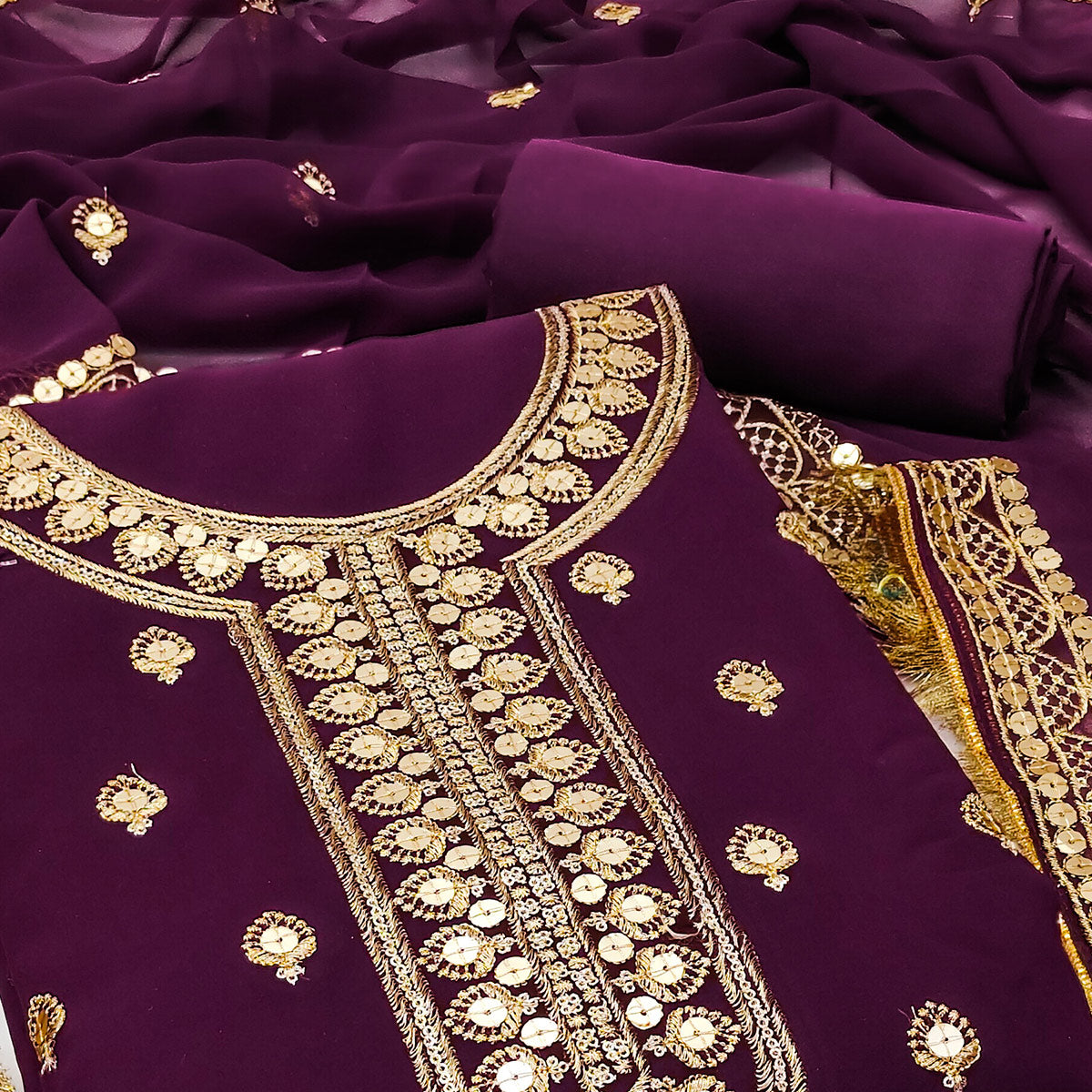 Purple Embroidered Georgette Dress Material