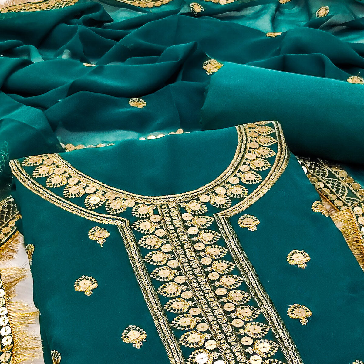 Rama Green Embroidered Georgette Dress Material