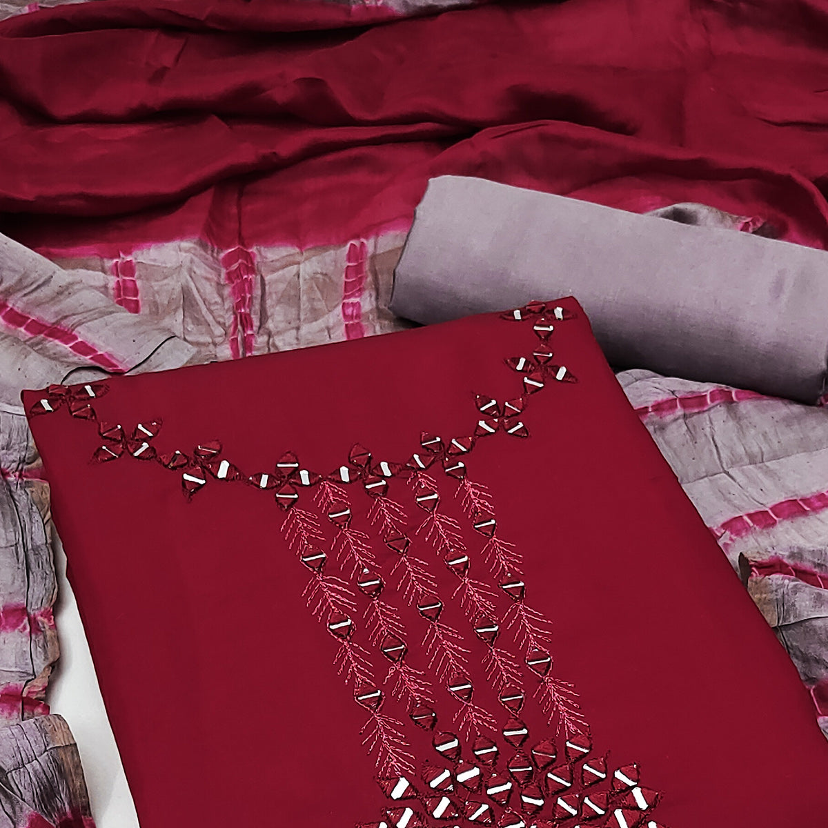 Maroon Embroidered Viscose Dress Material