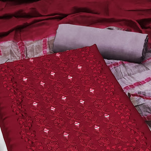 Maroon Floral Embroidered Viscose Dress Material