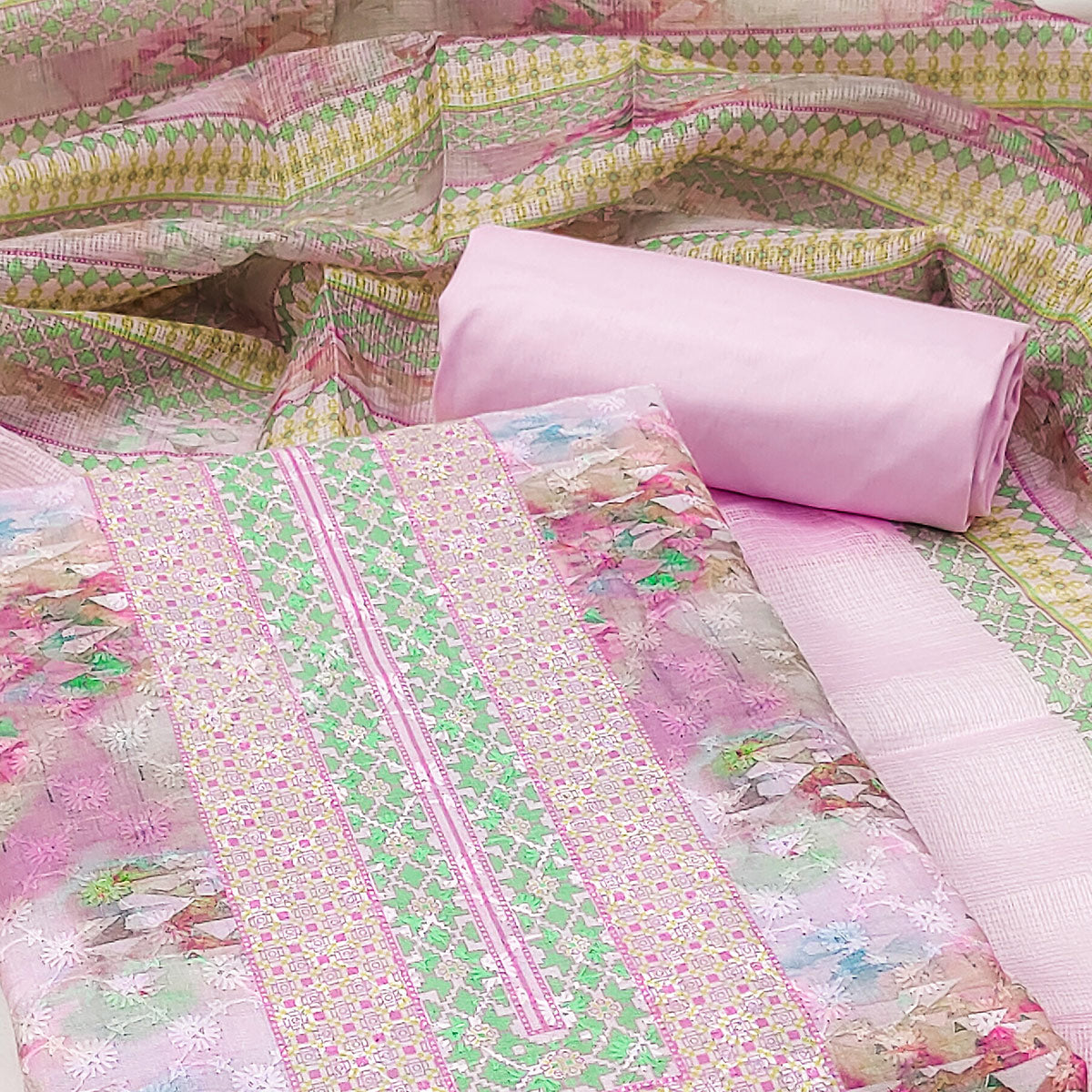 Pink Embroidered With Printed Cotton Blend Dress Material