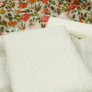 White Sequins Embroidered Cotton Blend Dress Material