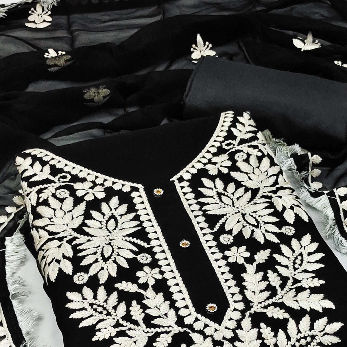Black Floral Embroidered Georgette Dress Material