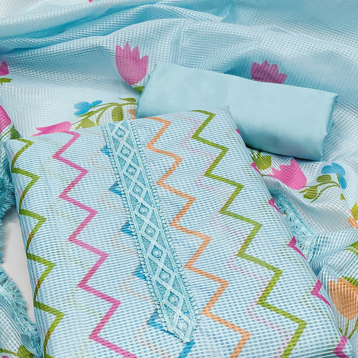 Turquoise Printed Kota Doria Dress Material