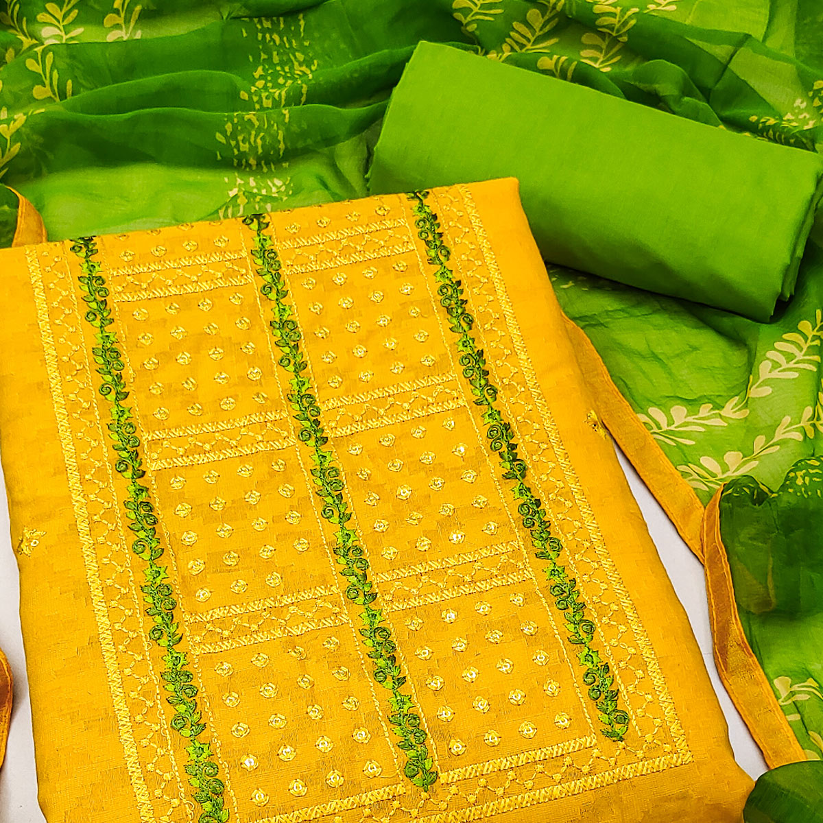Yellow Sequins Floral Embroidered Pure Cotton Dress Material