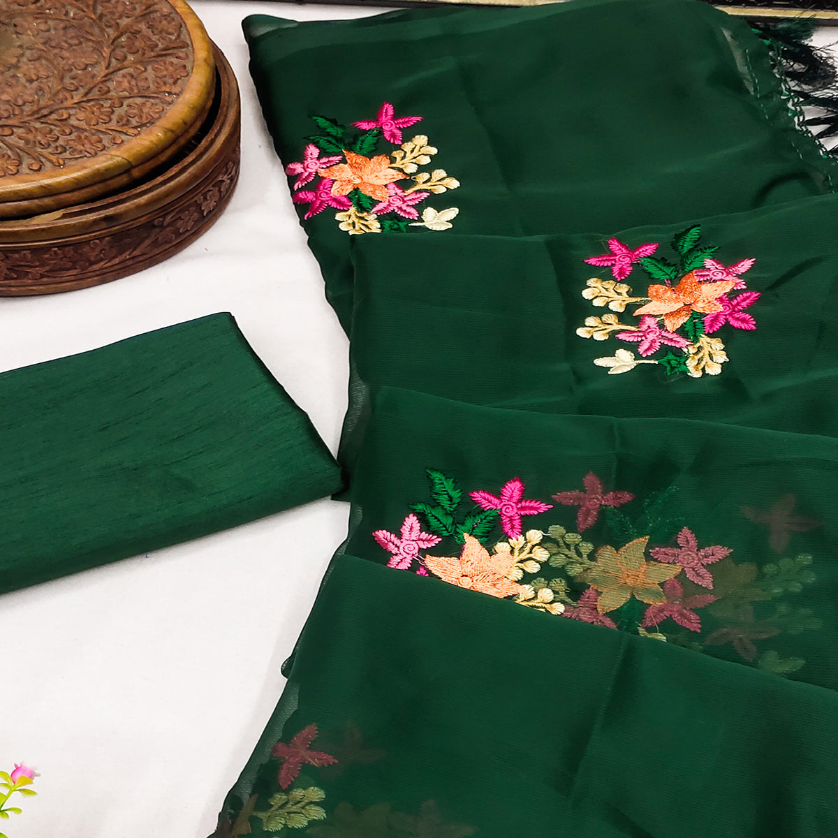 Green Floral Embroidered Chiffon Saree