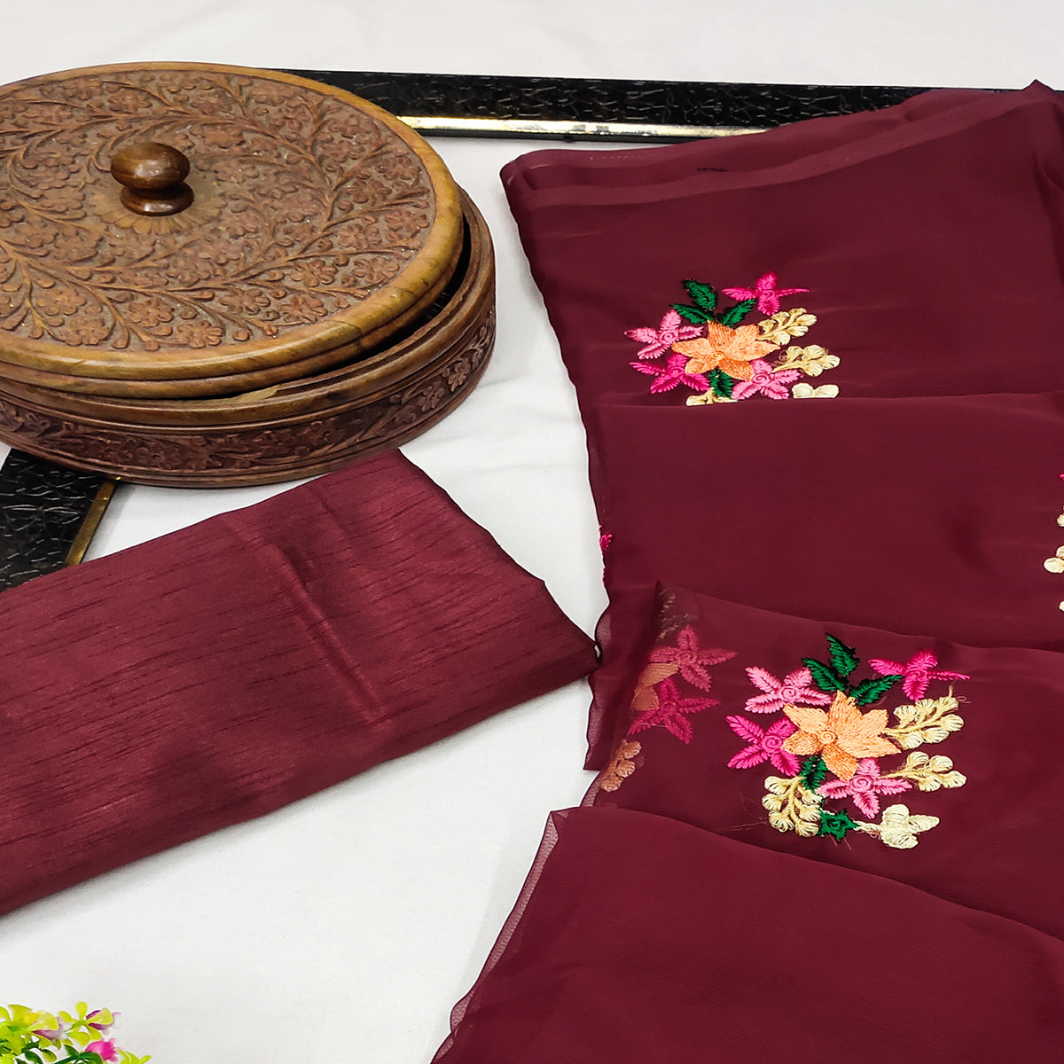 Maroon Floral Embroidered Chiffon Saree